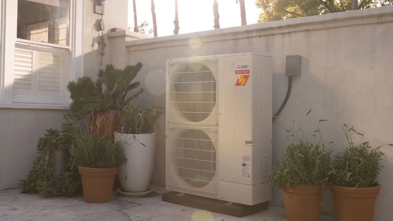 Mitsubishi Electric outdoor heat pump installed behind a home