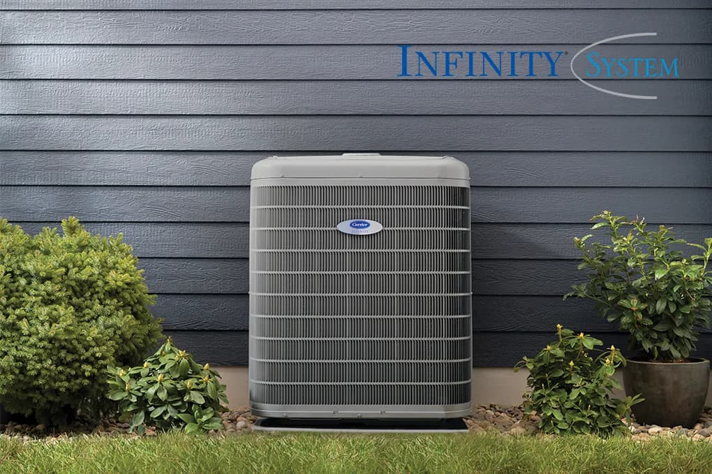 Carrier Infinity System air conditioner installed beside a home