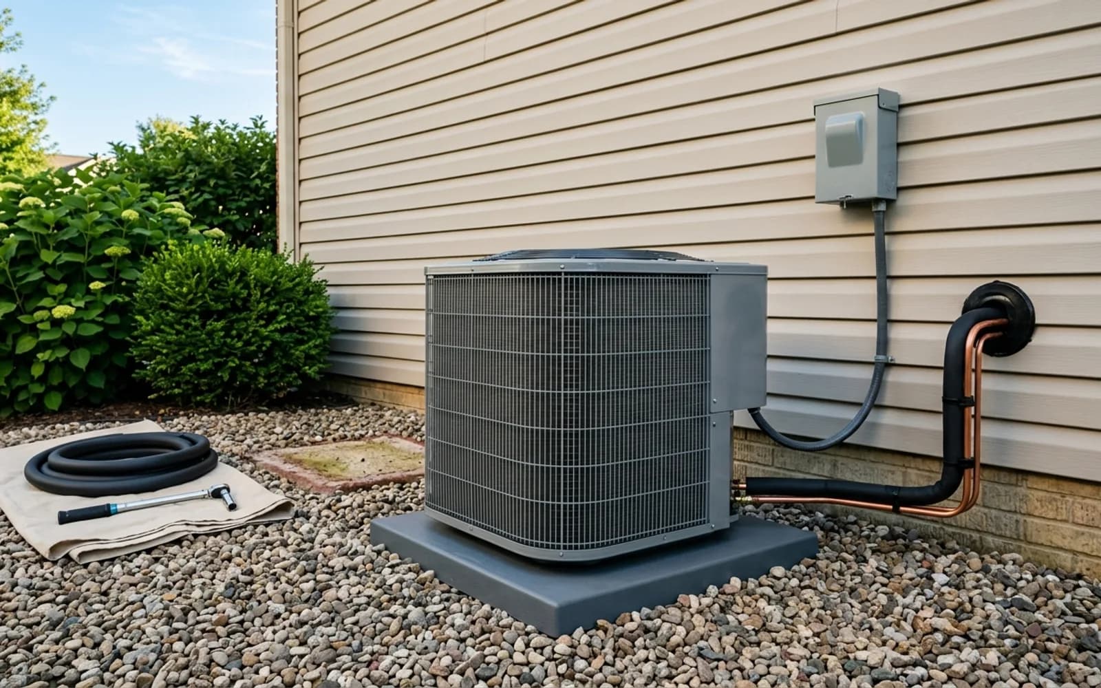 Newly set outdoor condensing unit on a fresh pad beside a house with a copper line set and an electrical disconnect