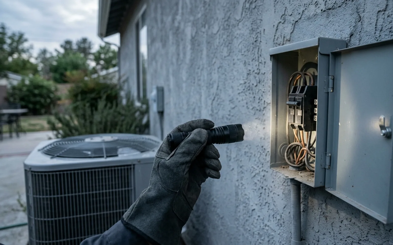 Gloved hand inspecting an open outdoor air conditioner disconnect box with a flashlight
