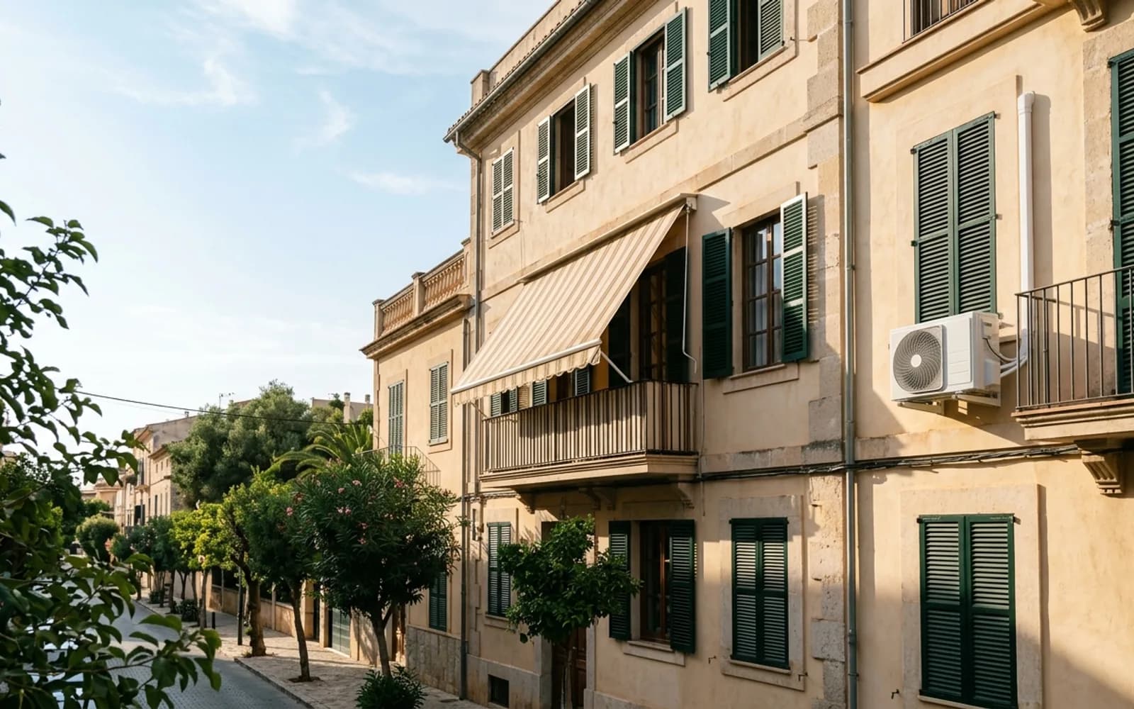 Shaded Southern European apartment building with a discreet split-system condenser