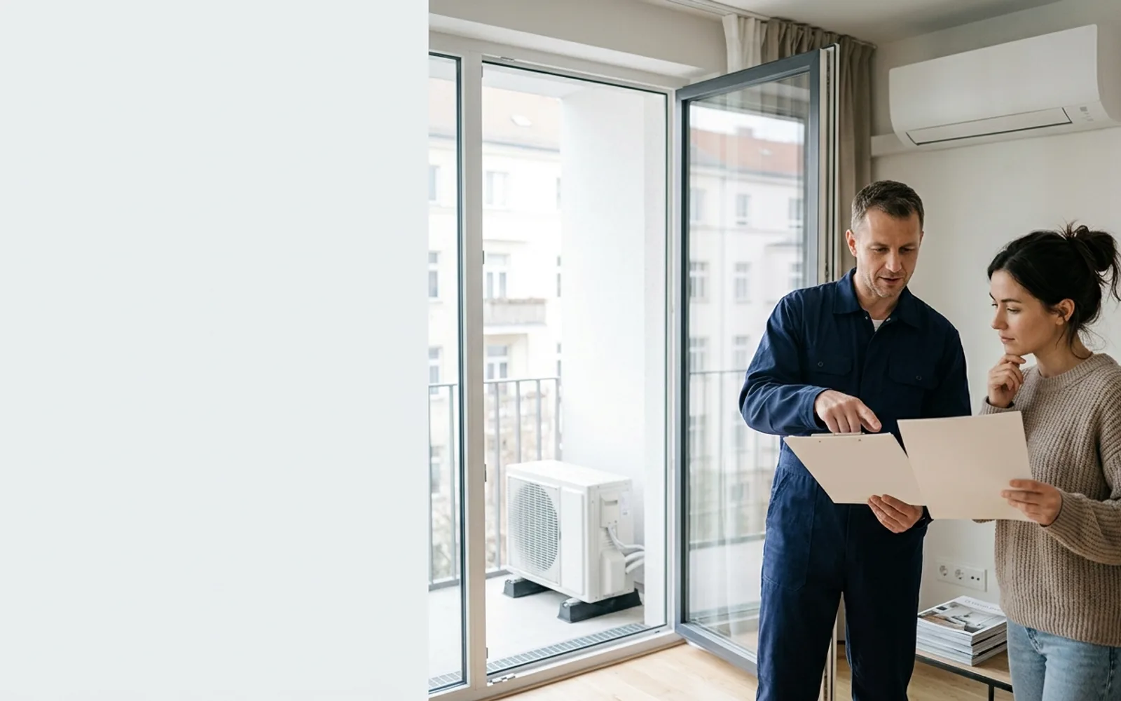 European homeowner and HVAC installer comparing a wall-mounted split air conditioner