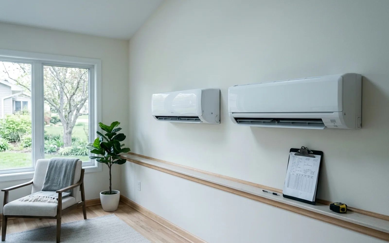 Two distinct unbranded wall-mounted ductless mini-split indoor units installed in a bright sunroom addition