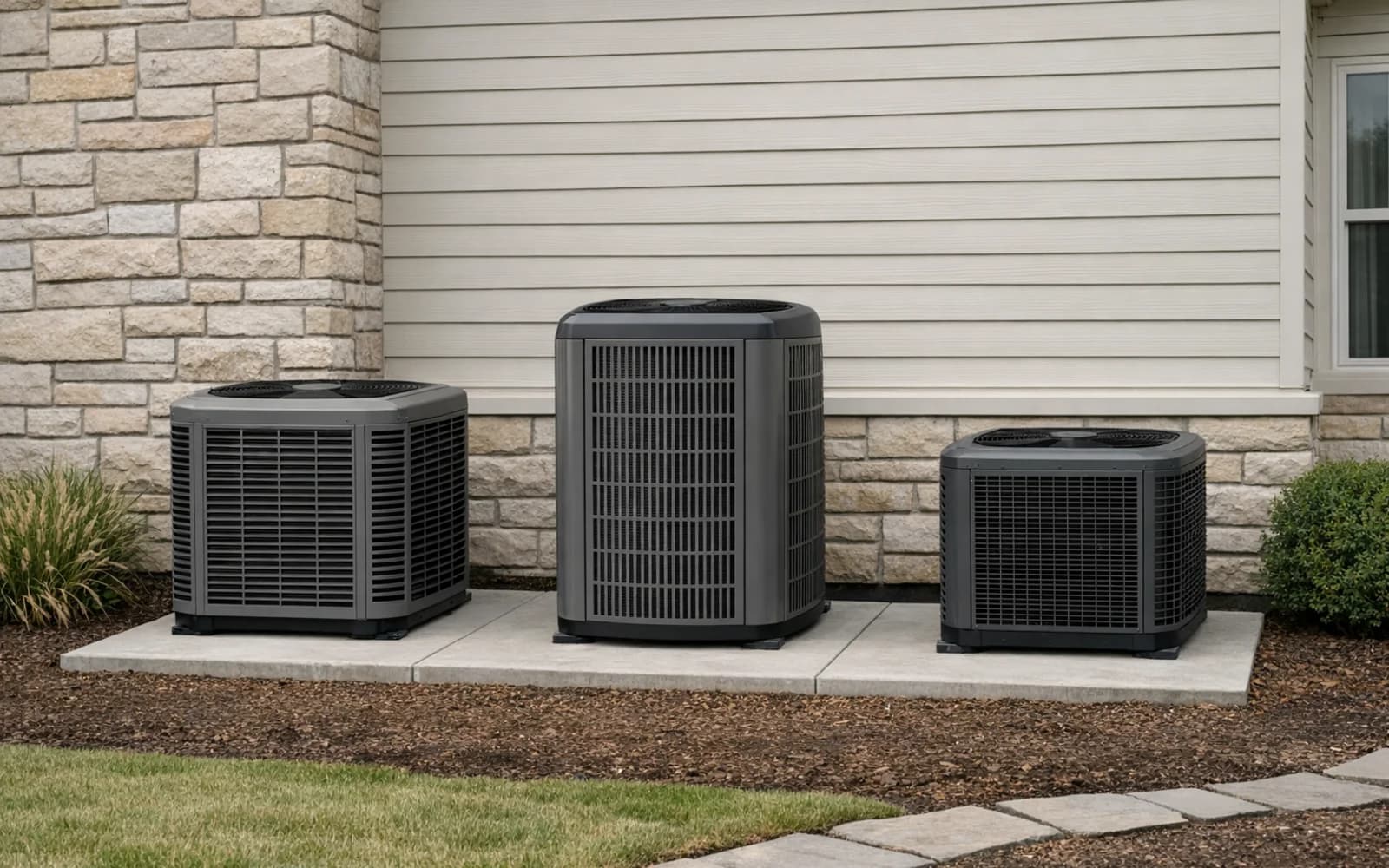 Three unbranded outdoor air-conditioning condensers arranged side by side