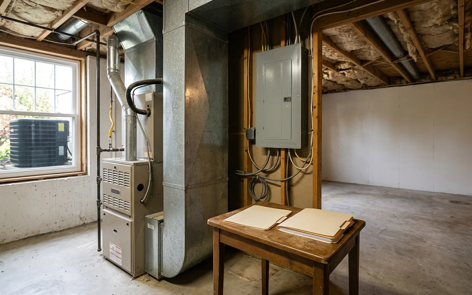 Basement mechanical room with a gas furnace, ductwork trunk, and electrical panel beside two closed quote folders on a table, an outdoor condenser visible through the window