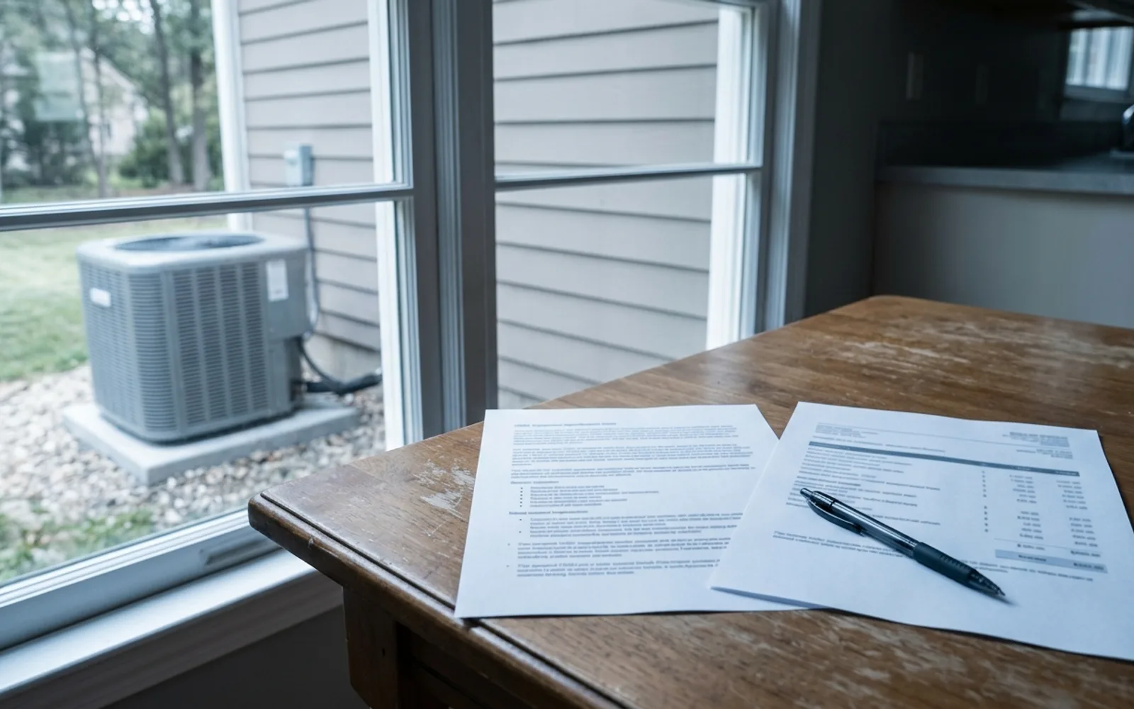 Two printed HVAC quote documents on a kitchen table beside a window overlooking an outdoor air conditioner condenser