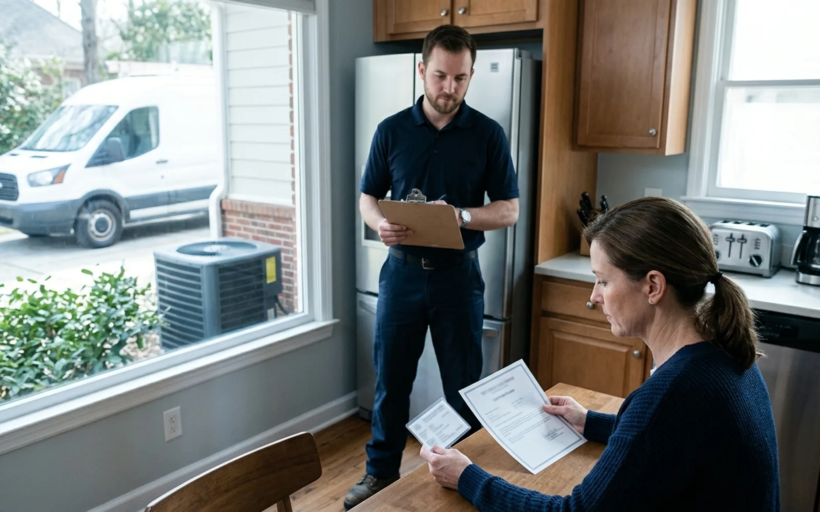 Homeowner reviewing a license card and certificate of insurance at the kitchen table while an HVAC technician waits with a clipboard, service van and condenser visible outside