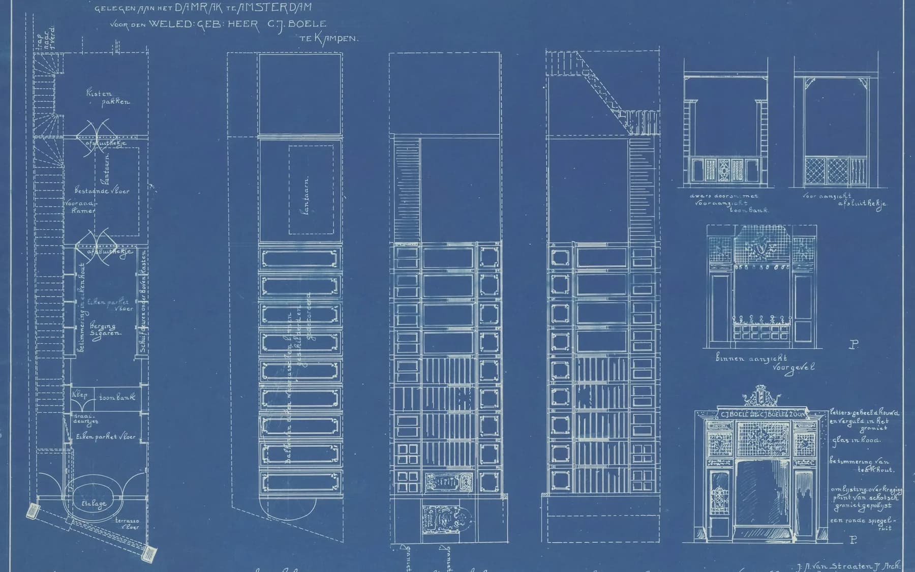 Detailed architectural blueprint showing elevations and building dimensions