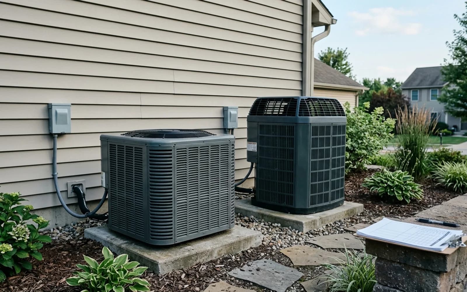 Two distinct unbranded outdoor air conditioner condensers installed side by side on separate pads