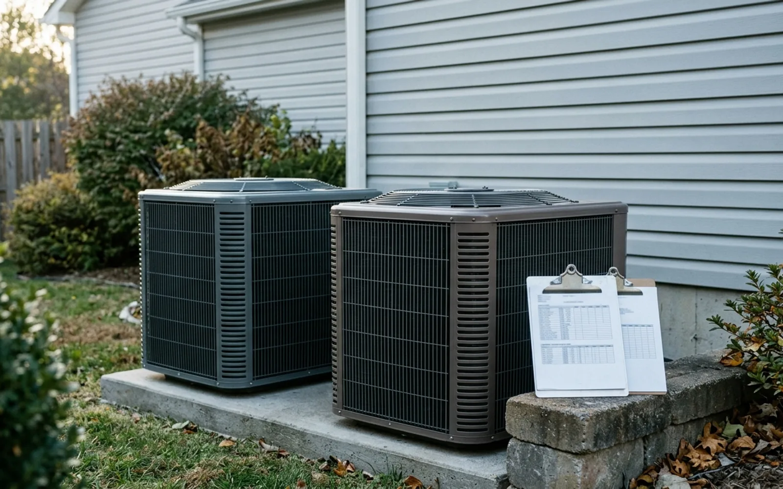 Two nearly identical outdoor air conditioner condensers installed side by side next to a contractor clipboard