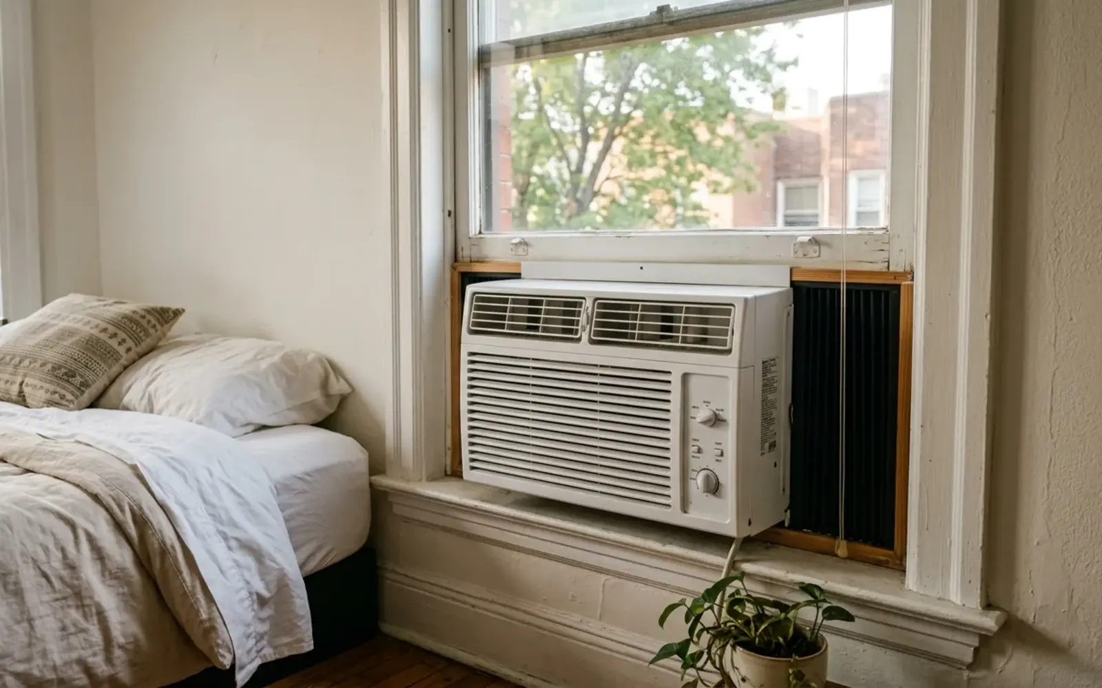 Unbranded white window air conditioner fitted in the lower sash of an apartment bedroom window