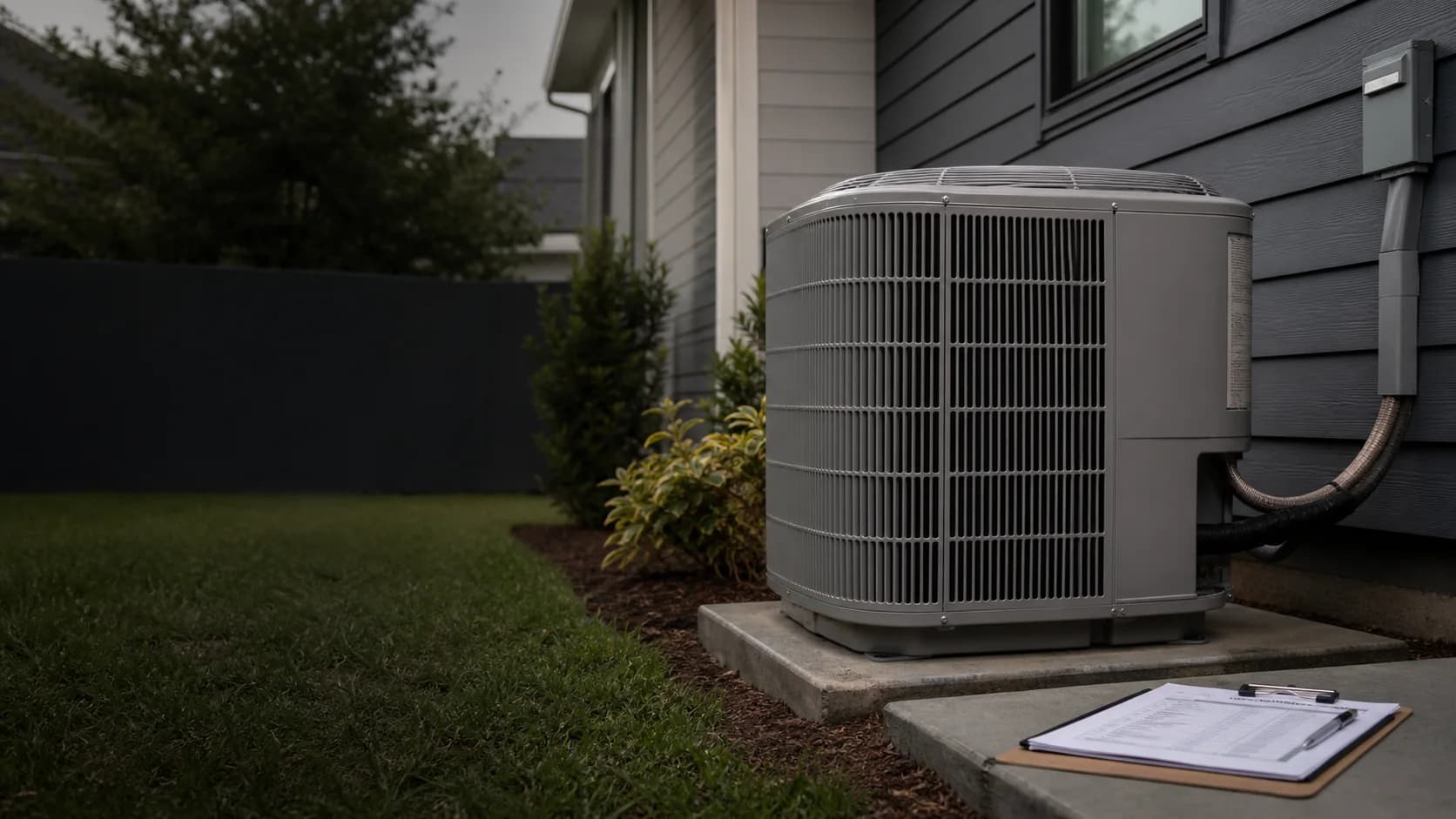 Central air conditioner beside a home with a replacement quote